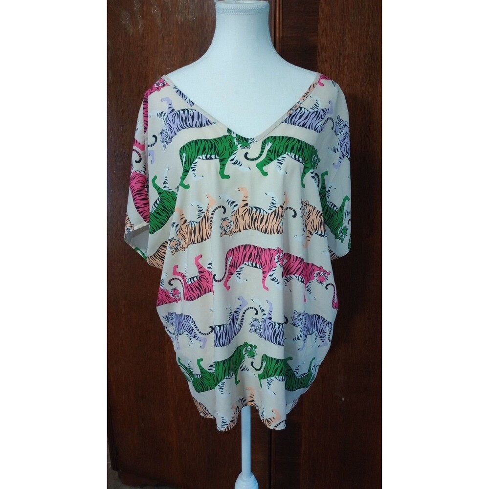 First Love Tiger Print Blouse Sz XL Colorful V Neck Safari Zoo Boho Lightweight
